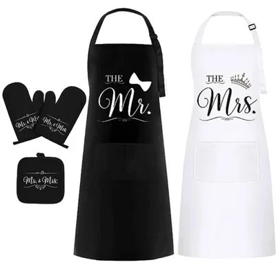 Küchenschürzen-Set mit Ofenhandschuhen und Topflappen, Schwarz-Weiß