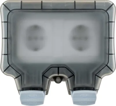 A close-up, front-facing studio shot of a gray, two-outlet outdoor electrical socket with protective caps on the bottom.