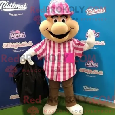 Productafbeelding van Mascottekarakter REDBROKOLY van een roze honkbalhandschoen gekleed met een flanellen overhemd en draagtassen