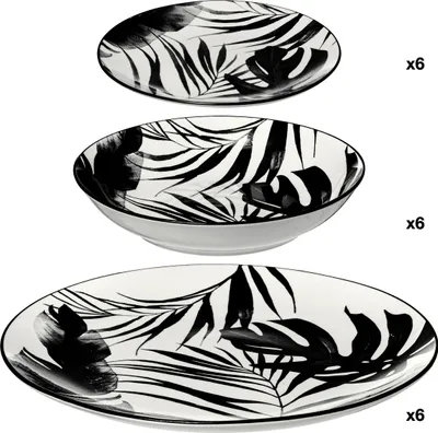 Three oval plates with a black palm leaf pattern on a white background.