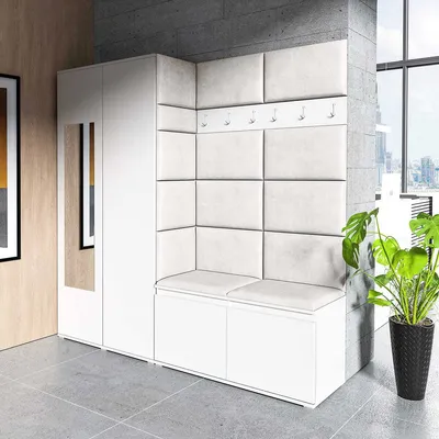 Produktbild von Garderoben-Set "CLEO", Moderner Kleiderschrank mit Polsterplatten und Schuhschrank – Ideal für Flur und Eingangsbereich (Weiß, Trinity 01)
