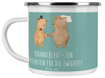 Produktbild von Mr. & Mrs. Panda Haferl 40. Hochzeitstag Rubinhochzeit - Meeresbrise - Geschenk, Geschenke, Jubiläum, Emaille Tasse, Teetasse, blechbecher, Ehejubiläum, Pott, Liebe