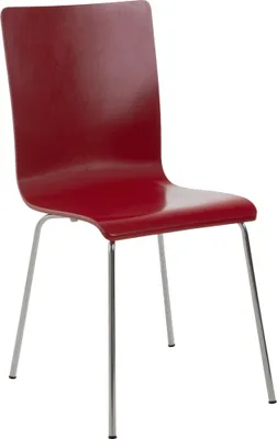 A red modern chair with a metallic base against a white background.