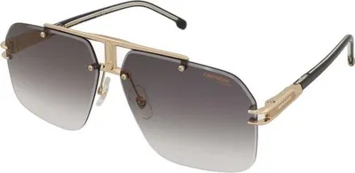 A pair of gold and black Carrera sunglasses with gradient gray lenses, shown from a side-angle.