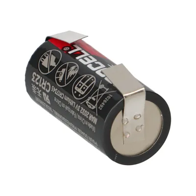 A single Procell Intense CR123A Lithium battery with two metal clips attached.