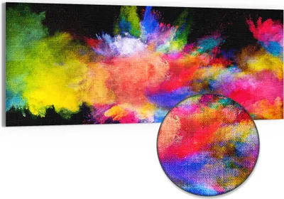 Produktbild von DEQORI Hybrid Leinwand Bild 150x60 cm 'Zusammenknall Farbpuder' Wandbild Glas flach modern