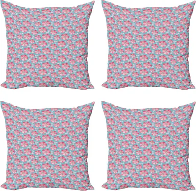 Zdjęcie produktu dla ABAKUHAUS Niebiesko-różowy zestaw poszewek na poduszki (4 sztuki), wzór Petals, nowoczesny dwustronny nadruk cyfrowy, 40 cm x 40 cm, kolor morski błękit różowy