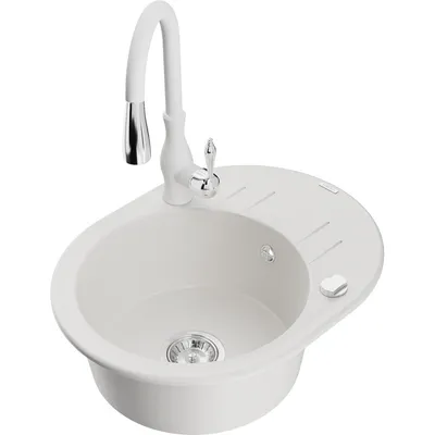 Obrázek produktu pro Mexen Kevin 1-miskový granitový dřez s odkapávačem a kuchyňskou baterií Savita, Bílá - 6517-20-672601-20