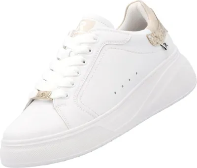 Auf dem Bild ist ein weißer Freizeitschuh zu sehen der von der Seite fotografiert wurde. Der Schuh hat ein schlichtes Design mit einer strapazierfähigen Sohle und einer atmungsaktiven Oberschicht.