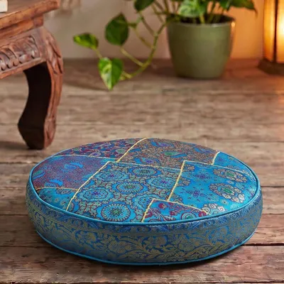 Produktbild von Orientalisches Rundes Patchwork Kissen 40 cm, Sitzkissen, Bodenkissen mit Baumwollfüllung - Blau, Viskose, Zierkissen, Dekokissen, Sofakissen