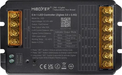 Produktbild von MiBoxer HZ5 Zigbee 3.0  und  2.4G Funk LED Controller – 5-in-1, einfarbig bis RGBCCT, 12-48 V, 30 A, Push-Dim