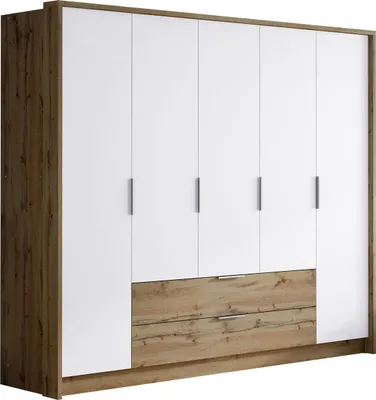 Produktbild von MIRJAN24 Kleiderschrank Vienna 255, Stilvoll Drehtürenschrank, Schlafzimmer Garderobenschrank (Farbe: Eiche Wotan / Eiche Wotan + Weiß)