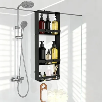 Image de Étagère de douche à suspendre, 3 niveaux, sans perçage, noire, en acier inoxydable, avec 8 crochets