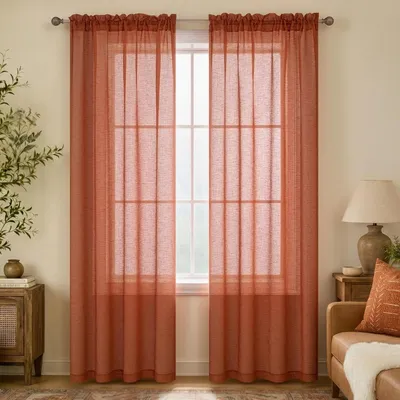 Zdjęcie produktu dla Pomarańczowe zasłony z delikatnym wzorem do salonu - Półprzezroczyste zasłony okienne - Styl boho - Dekoracja do sypialni - Wymiary: 132 x 248 cm