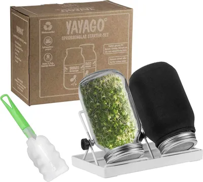 A product shot of a sprouting jar starter set, including two jars, a tray, and a cleaning brush, with the product packaging in the background.