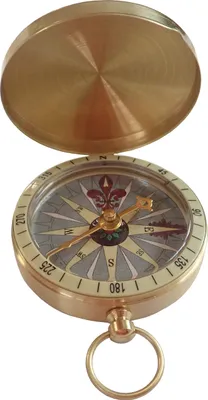 A brass compass with its lid open, showing the compass face.