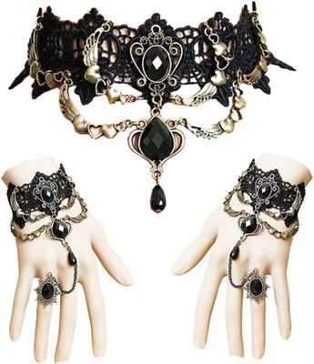 Produktbild von Gotisch Choker Halskette Armbänder Schmuck 3 PCS Halsband Ketten Victorian Steampunk Retro Zahnräder Spitze Vampir Armband für Halloween Ostern Lolita Spitze Schwarz – Stil 2