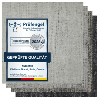 Filzfliese beige-grau gestreift mit Prüfengel-Siegel, Mustern in grau, hellgrau, anthrazit.