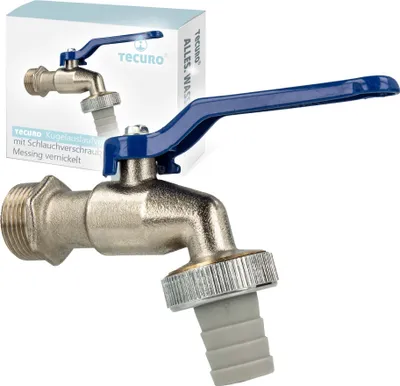A product shot of a brass tap with a blue handle and a grey hose connector, with its packaging in the background.