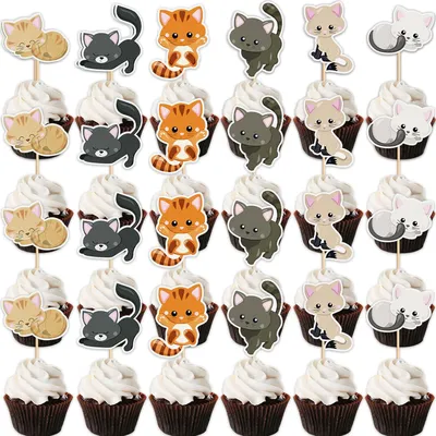 Katzen-Tortendeko, 24 Stück, niedlich, Tiermotto, Cupcake-Deko, Geburtstag
