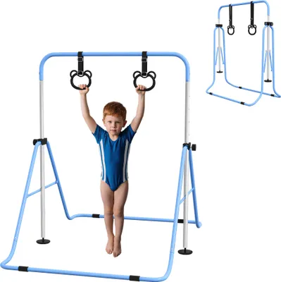 Image de HOMCOM Barre de gymnastique pour enfants, barre horizontale, équipement de gymnastique pliable à hauteur réglable 88-128 cm avec anneaux de gymnastique, bleu