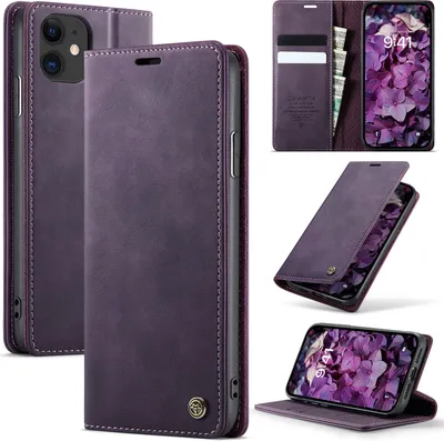 Obrázek produktu pro Kožené pouzdro pro iPhone 11, RFID ochranou, magnetickým zavíráním, přihrádkami na karty a funkcí stojánku Fialový