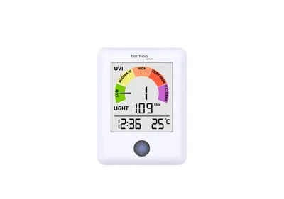 Produktbild von techno line WS 9320 UV-Strahlungsmonitor mit UV-Index Anzeige | Lichtmesser bis 300 Klux | Temperaturanzeige | Uhrzeit | Farbskala für UV-Belastung