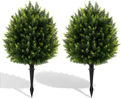 Image de COSTWAY Set de 2 plantes artificielles 61cm, Cyprès en boule avec piquet&pot, Cèdre artificiel, Plante décorative artificielle Cyprès plante d'intérieur, Vert