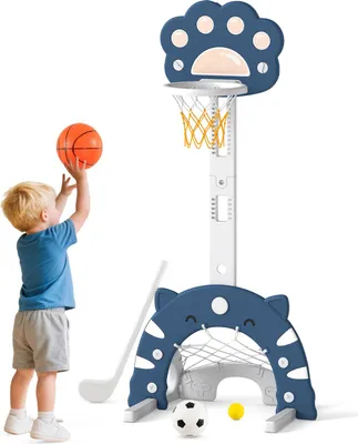 Produktbild von COSTWAY 3 in 1 Kinder Basketballkorb, Basketballständer mit Basketball, Fußball, Golfspiel, Verstellbarer Höhe&faltbarem Korb, für Kinder 3+Blau