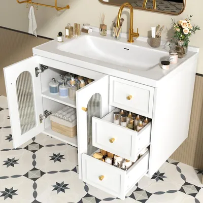 Zdjęcie produktu dla Zestaw mebli łazienkowych o szerokości 80 cm z ceramicznym umywalką; wisząca szafka łazienkowa z MDF z 2 szufladami; szafka podumywalkowa z drzwiami szklanymi i schowkiem; kolor: biały i szary; styl nowoczesny; montaż naścienny