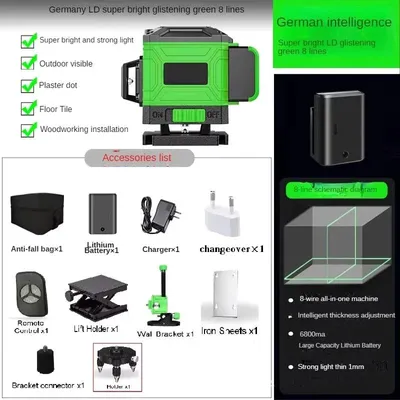 Produktbild von Laser-Nivelliergerät - 4D-Laser - 8 grüne Linien - Selbstnivellierend - 360° horizontal und vertikal - Elektronisch - Akku inklusive