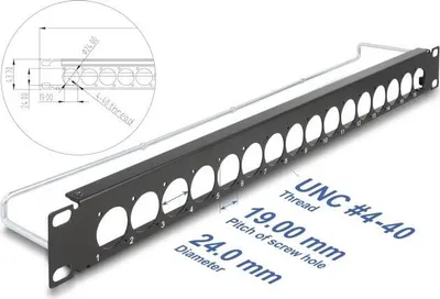 Immagine prodotto di Delock 19" D-Typ Patchpanel mit Entlastungsschiene 16 Port 1 HE schwarz (67058)