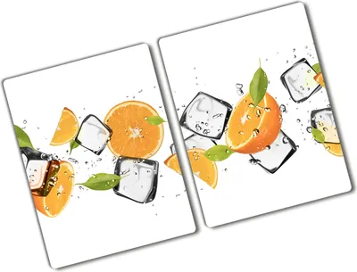 Produktbild von Tulup Glas Herdabdeckplatte - 2x40x52 cm - Glaskeramikkochfeld-Abdeckung Spritzschutz Glasabdeckplatte Kochplattenabdeckung und Schneidebrett - Zweiteilig - Essen & Getränke - Orangen mit Eis - Orange