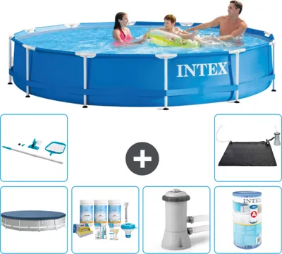 Obrázok produktu pre Bazén Intex s okrúhlym rámom - 366 x 76 cm - modrý - obsahuje kryt - balík na údržbu - filtračné čerpadlo pre bazén - filter - čistiaca súprava - solárna podložka