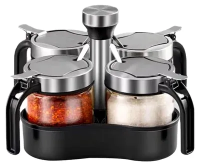Produktbild von Drehbare Gewürztöpfe Zuckerdose Salz- und Pfefferbehälter mit Deckel und Löffel, 4er-Set Gewürzbox mit 360 Grad drehbarem Halter für die Küche