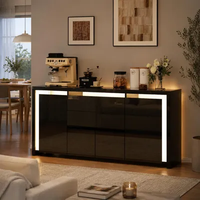 Productafbeelding van INONEFT Dressoir, hoogglans zwart met LED-verlichting, commode met 2 lades en 4 deuren, multifunctionele kast voor slaapkamer en woonkamer, 160x36x75 cm, AI-gegenereerde afbeelding