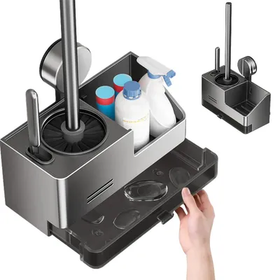 Image de Brosse pour cuvette de WC, kits de brosses et supports de nettoyage à ventouse pour WC, aluminium + ABS, brosse de nettoyage 2-en-1 pour WC, brosse pour cuvette de WC, brosse de salle de bains