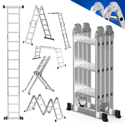 Image de Échelle pliante en aluminium Ikodm, 4 marches, multifonctionnelle, idéale pour un usage domestique, couleur argent, capacité de charge : 150 kg