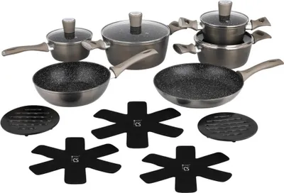 A set of cookware and accessories arranged on a white background.