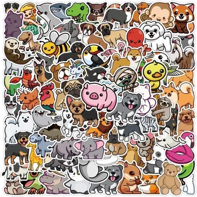 Image de Go Go Gadget – « Lot de 100 autocollants d'animaux – pour l'école, le vélo, l'ordinateur portable, la chambre, etc. – cochon, canard, chien, chat, cheval, singe, dauphin, ours, etc. – lot/ensemble »
