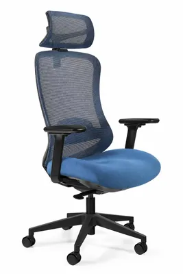 Produktbild von UNIQUE Ergonomischer Bürostuhl – Höhenverstellbarer Drehstuhl mit 4D-Armlehnen, Lordosenstütze und Kopfstütze – Blau