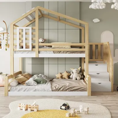 Productafbeelding van AIORBER hoogslapers, 90x200 cm en 140x200 cm, met een huisontwerp en raam, opbergtrap, veiligheidsreling, kinderbed, massief grenenhout, naturel