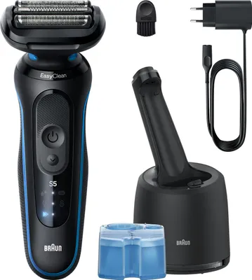A collection of Braun electric shaver accessories, including the shaver itself, a charging stand, a cleaning cartridge, a cleaning brush, and a power adapter.
