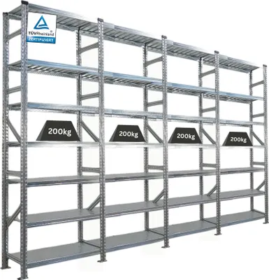 Produktbild von Fachbodenregal PROXIMO mit  Stecksystem | Komplettregal | HxBxT 240x360x40cm | 7 Ebenen | Beidseitig nutzbar | Verzinkt