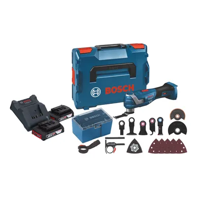 Produktbild von Bosch GOP 18V-34 Professional Akku Multi Cutter 18 V Starlock Plus + 2x Akku 2,0 Ah + Ladegerät + 17 tlg. Zubehör + L-Boxx