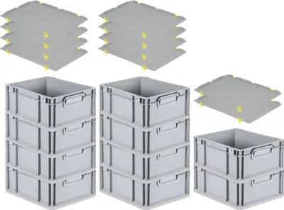 Produktbild von SuperSparSet 10x Eurobox NextGen Grip mit Auflagedeckel inkl. 4 gelben Schiebeschnappverschlüssen | HxBxT 17x30x40cm | 16 Liter | Grau | Griffe geschlossen | Glatter Boden | Eurobehälter, Transportbox, Transportbehälter, Stapelbehälter