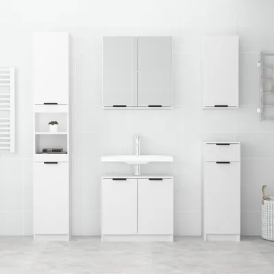 A clean, modern bathroom vanity set with a sink, cabinets, and a mirrored medicine cabinet.