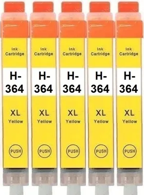 Five yellow ink cartridges with orange tops are lined up against a white background.