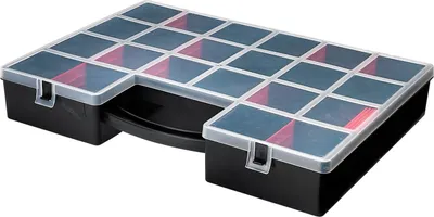 A black organizer box with multiple transparent compartments, some containing red items.