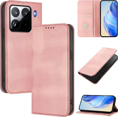 Produktbild von Handyhülle für Xiaomi 15 Pro, Vintage Leder RFID Schutz Kartenfach Standfunktion Magnetische Klapphülle Pink